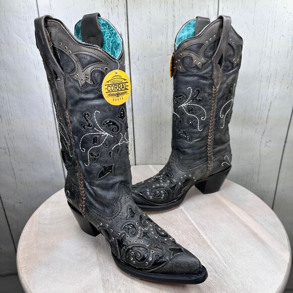 CORRAL Womens Tall Cowboy Boots 9 M Black Studded Overlay Crystal Boot C3934 NWT - Picture 6 of 13